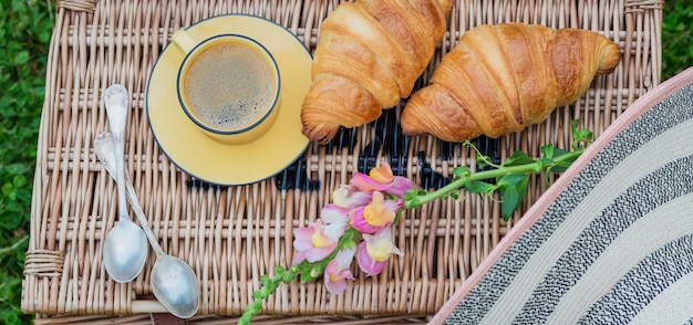 Breakfast on the grass Cup of coffee and French croissants