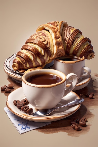 breakfast hand drawn croissant with italian moka and coffee cup all separate images