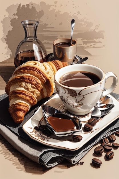 breakfast hand drawn croissant with italian moka and coffee cup all separate images