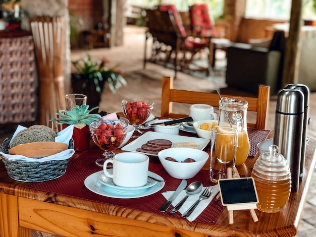 Breakfast at the hotel with juices and fruits