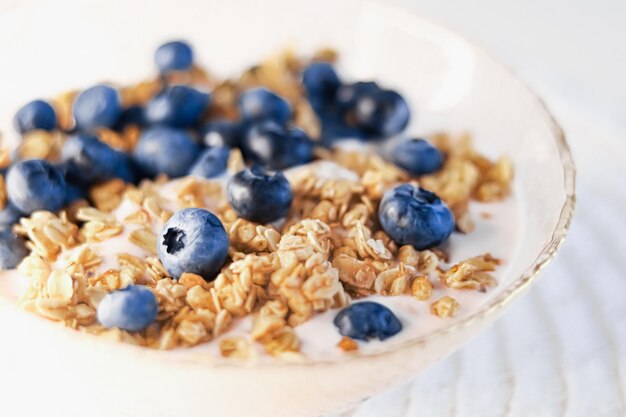 Breakfast idea and delicious food breakfast cereal grains with lactosefree yoghurt and fresh organic blueberries in a bowl tasty and healthy recipe