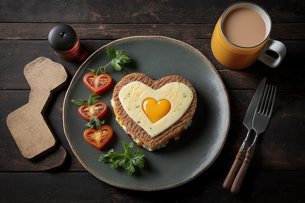 Breakfast meal with fried cutlet and cheese in form of heart shaped burger