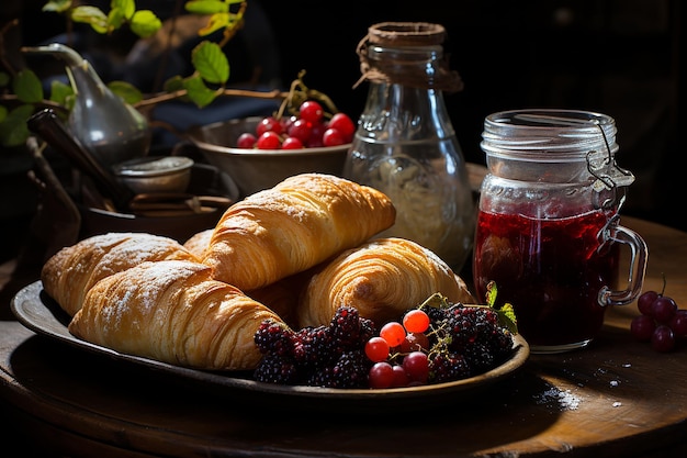 Breakfast Pastries with Fruity Spread on Rustic Surface