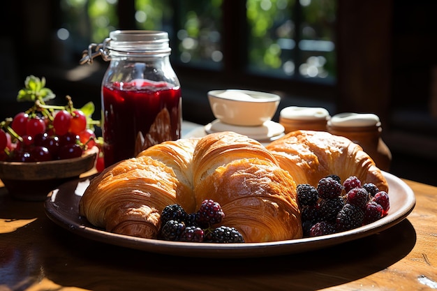 Breakfast Pastries with Fruity Spread on Rustic Surface