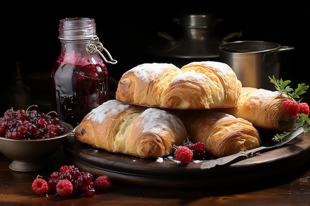 Breakfast Pastries with Fruity Spread on Rustic Surface