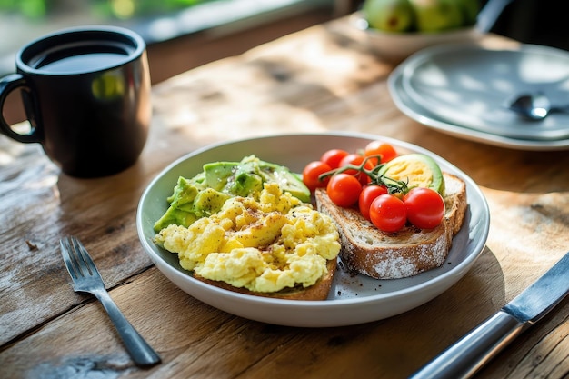 Photo a breakfast plate featuring scrambled eggs avocado cherry tomatoes and a cup of coffee