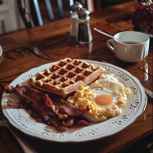 Photo a breakfast plate with breakfast on it including waffles eggs and bacon