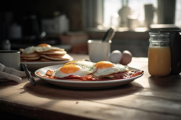 Breakfast plate with pancakes eggs and bacon Generative AI