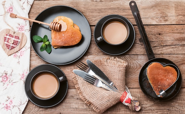 Breakfast in a rustic style of punk-hearts. romantic breakfast