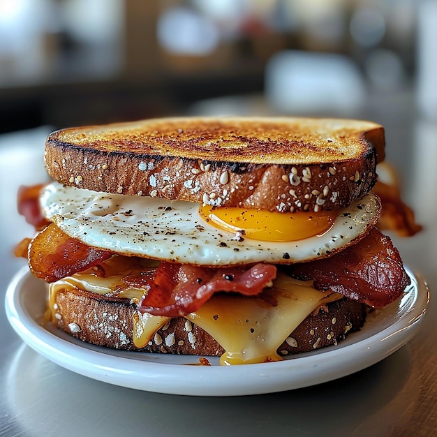 a breakfast sandwich is on a plate with bacon and cheese