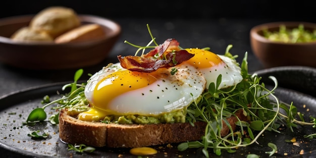 Photo a breakfast sandwich with eggs and bacon on a table