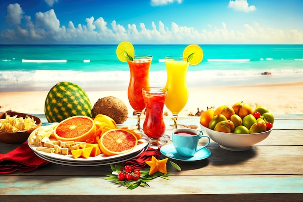 Breakfast served table on beach with tropical fruits and sweet drinks