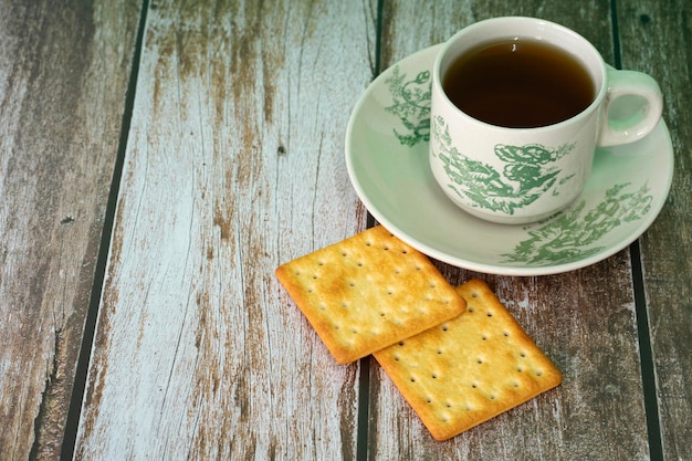 Breakfast serving of cream crackers and a cup of tea