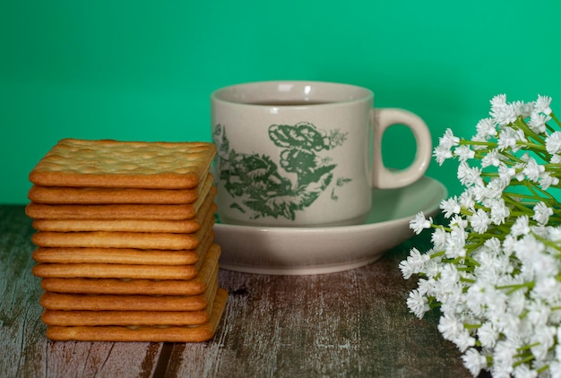 Breakfast serving of cream crackers and a cup of tea