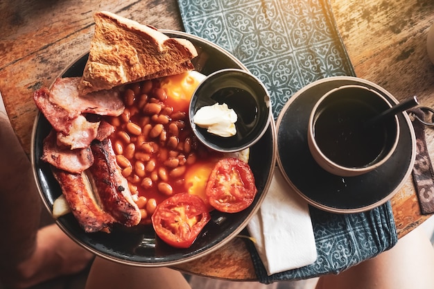 Breakfast set on old wood vintage table.