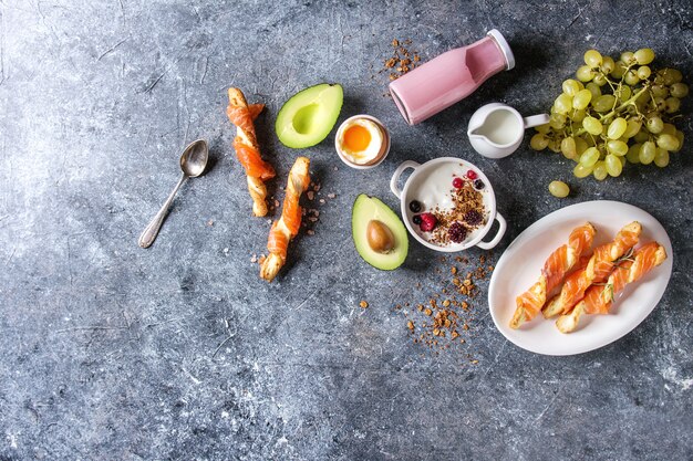 Breakfast set with salmon and yogurt