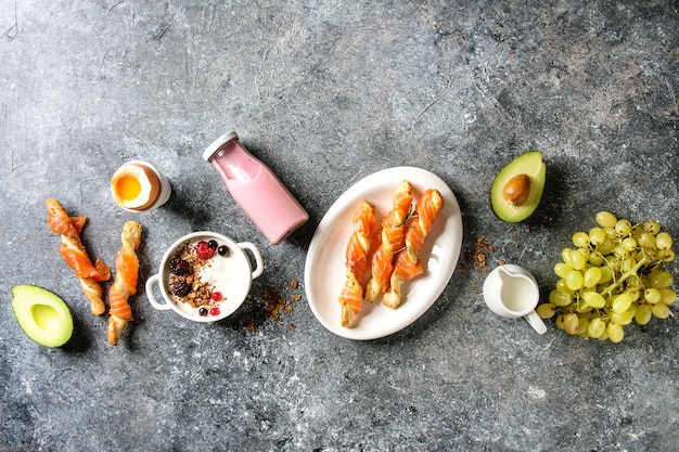 Breakfast set with salmon and yogurt