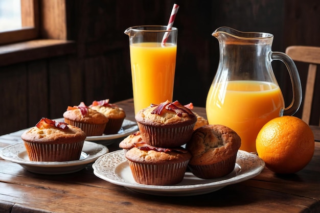 Photo breakfast setup with muffins and orange juice