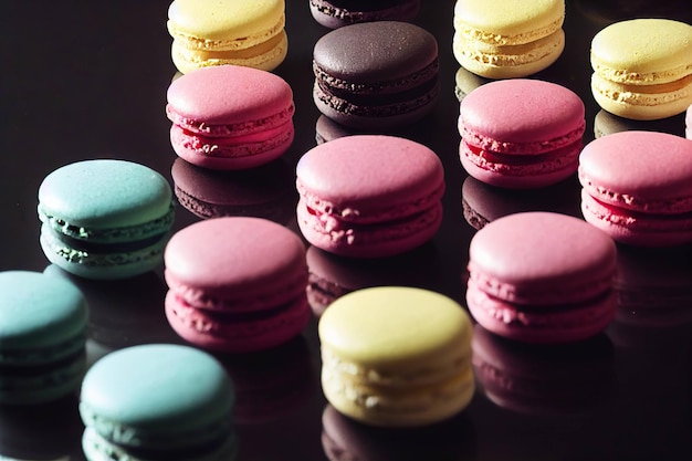 Breakfast snack pastry macaroons on black background