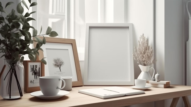 Breakfast still life Cup of coffee books and empty picture frame mockup on wooden desk table