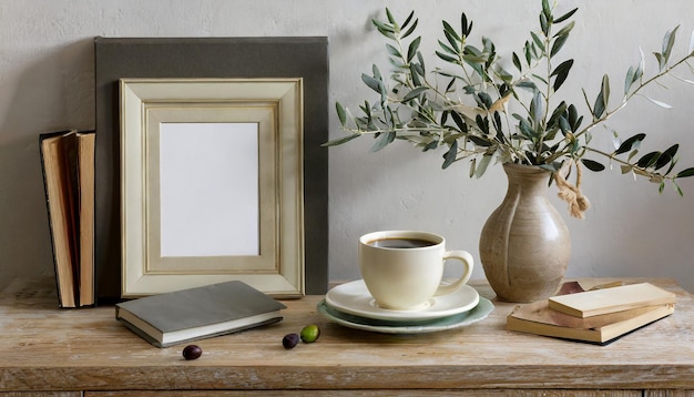 Photo breakfast still life cup of coffee books and empty picture frame mockup on wooden desk