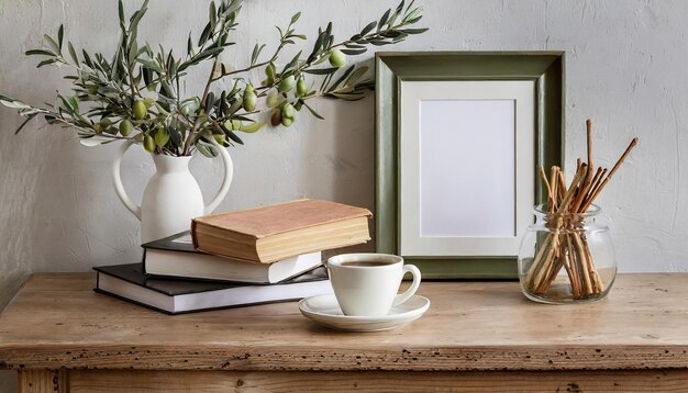 Photo breakfast still life cup of coffee books and empty picture frame mockup on wooden desk