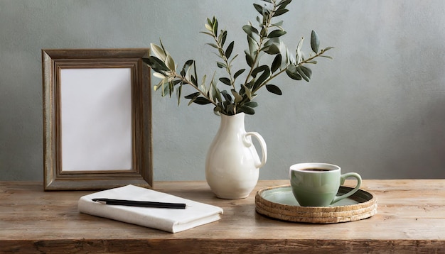 Photo breakfast still life cup of coffee books and empty picture frame mockup on wooden desk