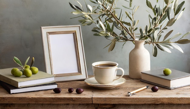 Photo breakfast still life cup of coffee books and empty picture frame mockup on wooden desk