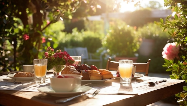 Breakfast at summer in green park or garden wooden table flowers in vase sweet croissantsfresh coffe