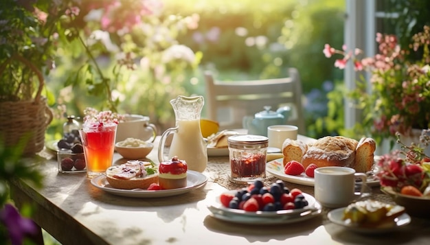 Breakfast at summer in green park or garden wooden table flowers in vase sweet croissantsfresh coffe