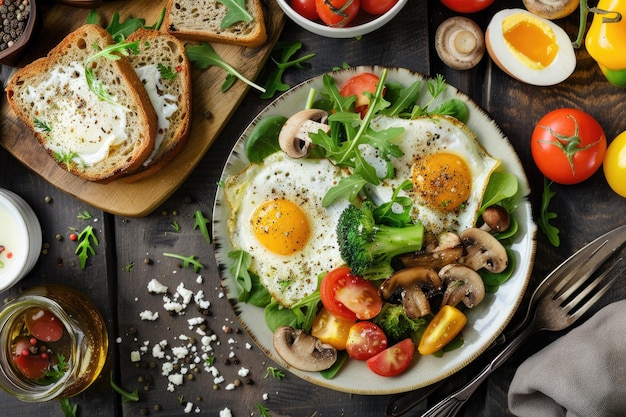 Breakfast table Breakfast plate fried eggs vegetables mushrooms toast top view healthy table