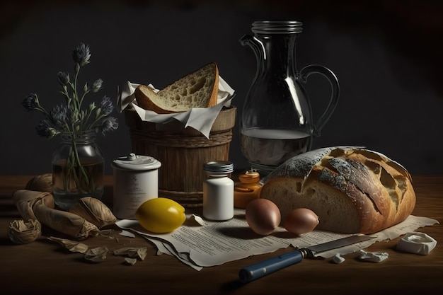 Breakfast at the table, consisting of bread, eggs and milk