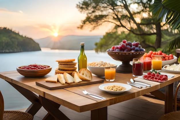 breakfast on a table with a bottle of wine and grapes