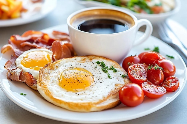 Photo a breakfast table with a cup of coffee and a plate of breakfast food