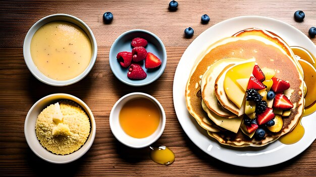 A breakfast table with pancakes blueberries and honey