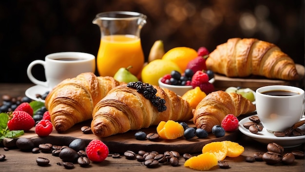 Breakfast Table With A Tray Of Croissants Fruit And Juices