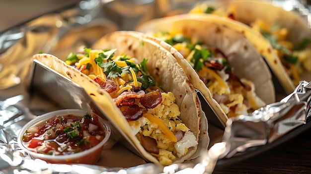 Breakfast tacos wrapped in foil filled with scrambled eggs crispy bacon and melted cheese