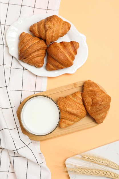 Breakfast tasty food concept milk with bakery products