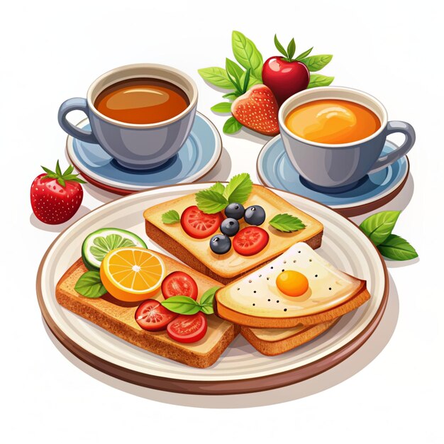 Photo breakfast time vector icon illustration toasted bread with hot tea design for breakfast menu cafe and restaurant flat cartoon style suitable for web landing page banner flyer sticker