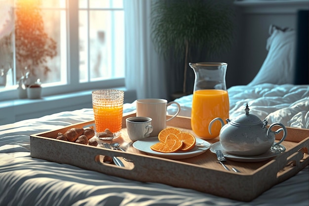 Breakfast tray on the bed