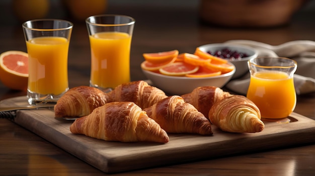 Breakfast tray with croissants jam and orange juice AI generated