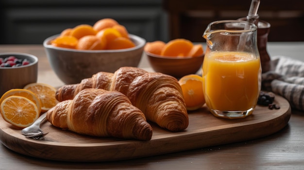 Breakfast tray with croissants jam and orange juice AI generated