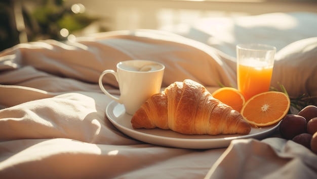 Breakfast tray with orange juice croissants and milk in the room