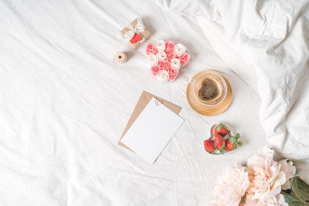 Breakfast for valentines day with coffee and strawberries