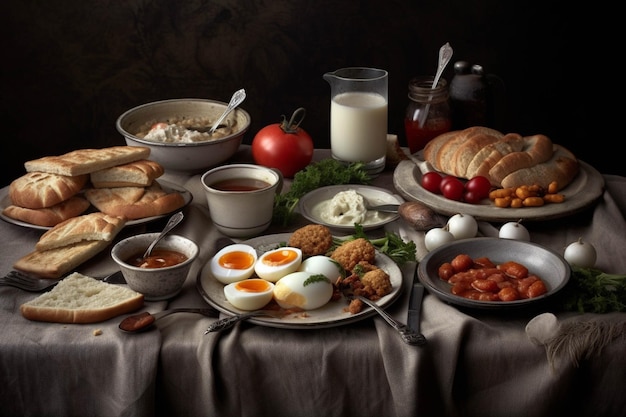 Breakfast with cheese fruit bread and juice on a dark background