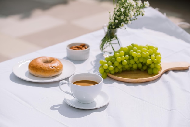 Breakfast with coffee bread and fruit