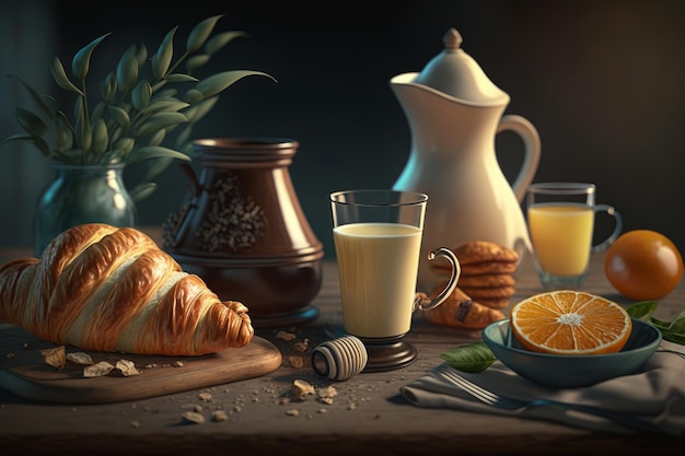 Breakfast with croissant Illustration AI Generative