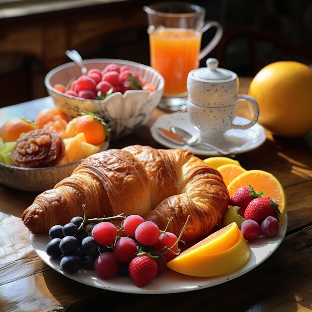 Photo breakfast with croissants and juice