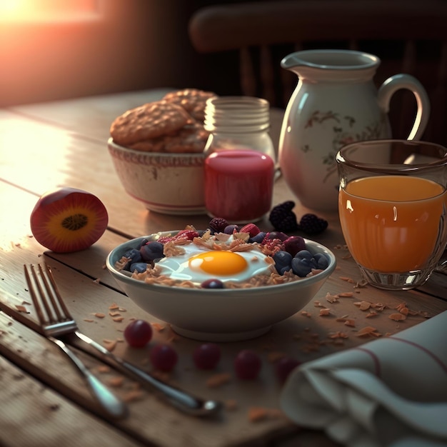 A breakfast with an egg on top of a table with a cup of orange juice and a napkin.