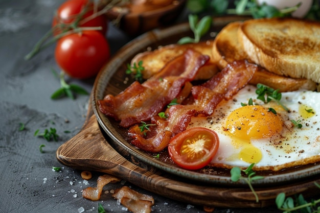 Photo breakfast with eggs bacon and toasts food background